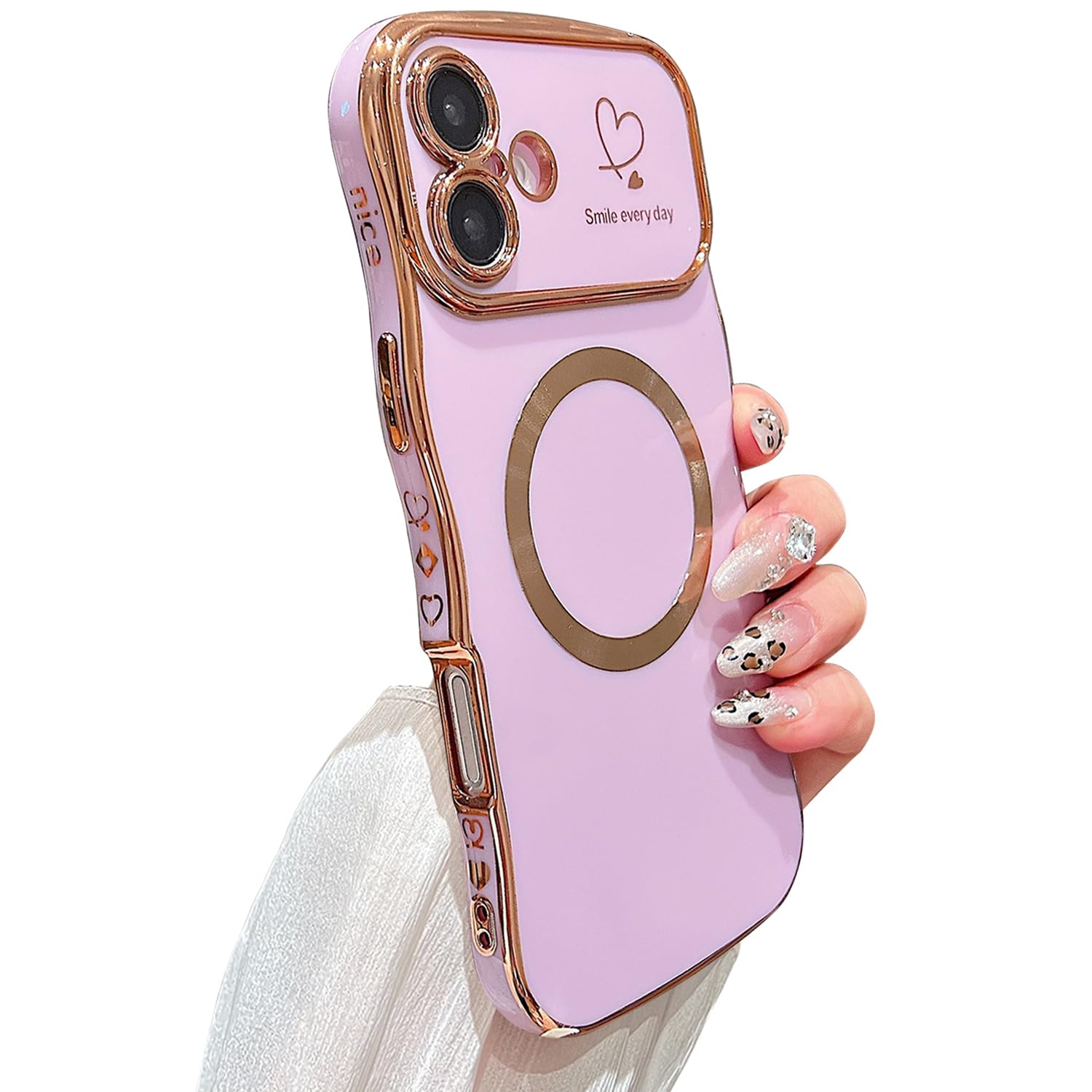 ZONRW for iPhone 16 Plus Case Magnetic,for Women Girls Soft Cute Wave Frame Curly Shape Love Heart Luxury Plating Phone Case Compatible with MagSafe