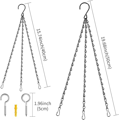 Miniatura 2 de Cadenas de cesta colgante, macetas colgantes, cadena de repuesto de maceta negra de 3 correas, ajustable de 20 pulgadas y 16 pulgadas con ganchos