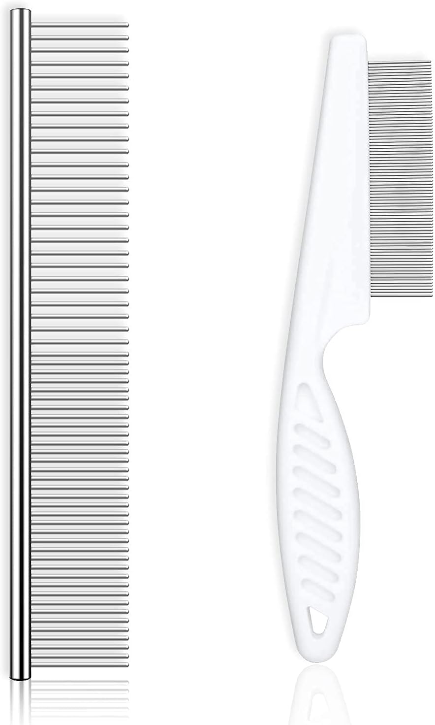 ELECDON Dog Combs Cat Comb for Grooming with Rounded Ends Stainless, Flea Comb for Pets, 2 Pack Long and Short Haired Dog and Cat Professional Grooming Pet Tick Combs for Removing Tangle and Knots