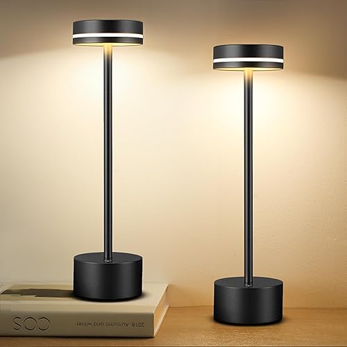 Paquete de 2 lámparas de mesa LED inalámbricas recargables, lámpara de escritorio LED portátil de 5000 mAh, funciona con pilas, luz de mesa