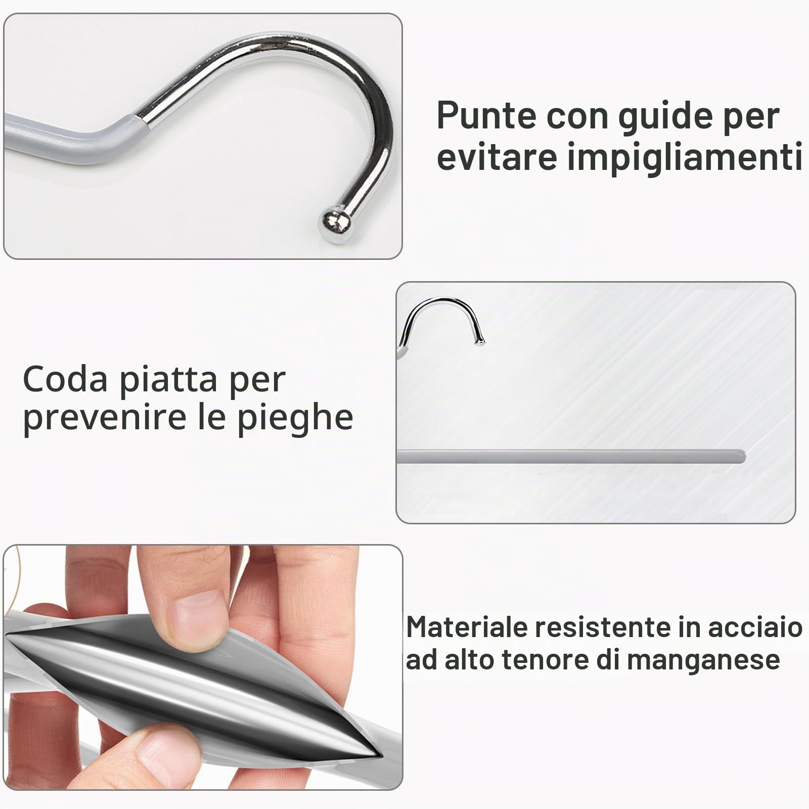 Grucce Pantaloni, 20 Pezzi Metallo Salvaspazio Grucce Appendiabiti 33,5cm | Acciaio inox resistente, gommate antiscivolo, design aperto, pantaloni gonne calze, organizzazione armadio, grigio
