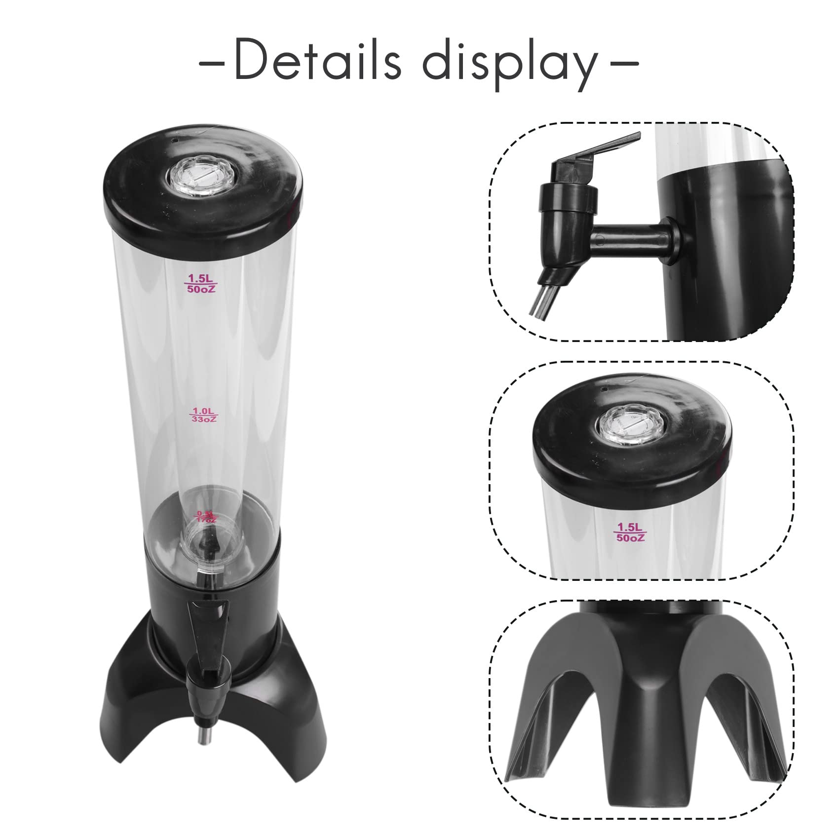 Torre Dispensadora de Cerveza de 1,5L Grifo Integrado de FáCil Limpieza con Tubo de Hielo y Luz LED Dispensador de Torre Transparente para Bebidas, Negro