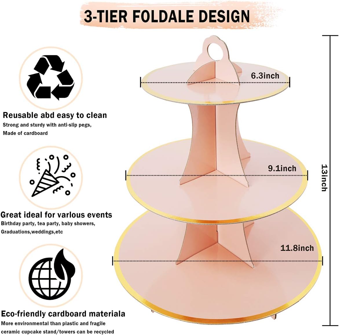 2 Set Pink Gold 3-Tier Round Cardboard Cupcake Stand for 24 Cupcakes Perfect for Girls Pink and Gold Birthday Baby Shower Party Supplies