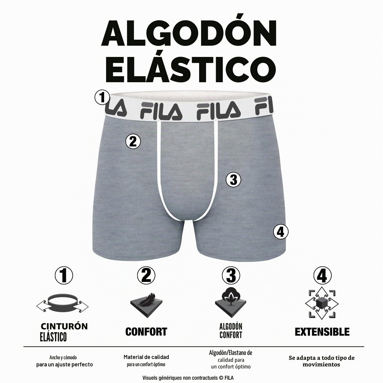 FILA Calzoncillos Hombre Boxer Algodón, Ropa Interior Hombre, Suave, Cinturón Antideslizante (Lote de 4) | Hombre, Corte ajustado, Elástico, Sujeción óptima, Uso diario