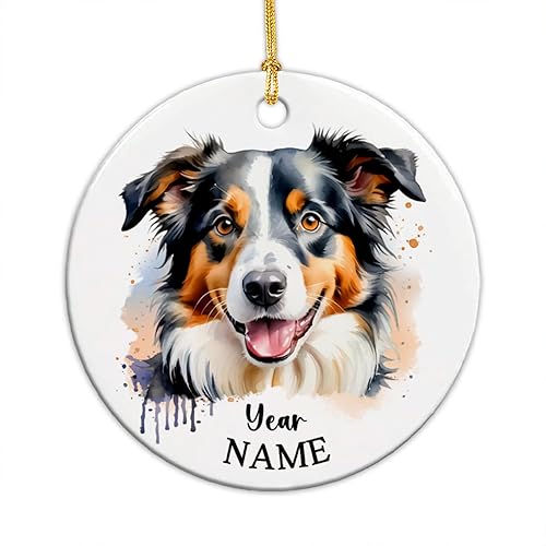 Adorno personalizado de cerámica para perro Border Collie, adorno personalizado para primera Navidad para perro con nombre y año, adorno de Navidad