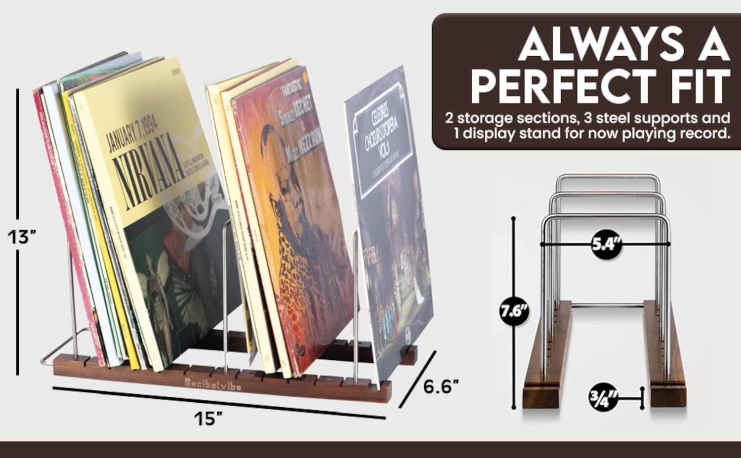 Decibelvibe Vinyl Record Storage and Record Player Stand, Now Playing Display with Stainless Steel and Solid Walnut Wood Premium Design, Up to 75 Vinyl records, for Living Room or Hifi Room - Image 4
