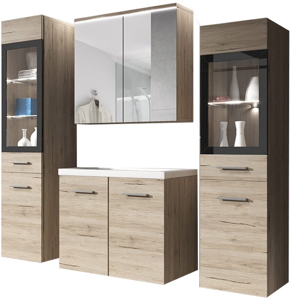 PIASKI Conjunto de Muebles de baño Udine, Lavabo Incluido, Juego de Muebles de baño, Armario Alto, Mueble de Lavabo, Espejo, Armario acristalado, sifón y lavaboincluido (San Remo)