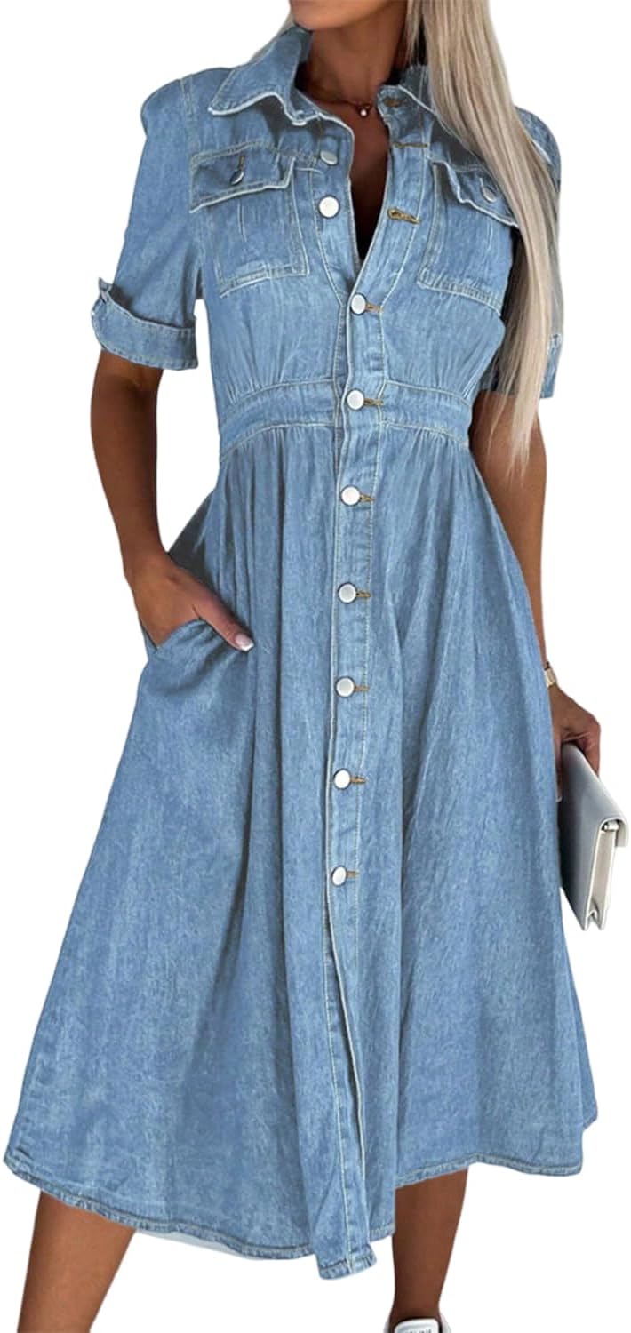 Women denim shirt dress V neck short sleeve pockets jeans