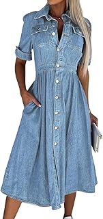 Women Denim Shirt Dress V Neck Short Sleeve Long Bottom Down A-Line Jeans Dresses with Pockets - Buy now