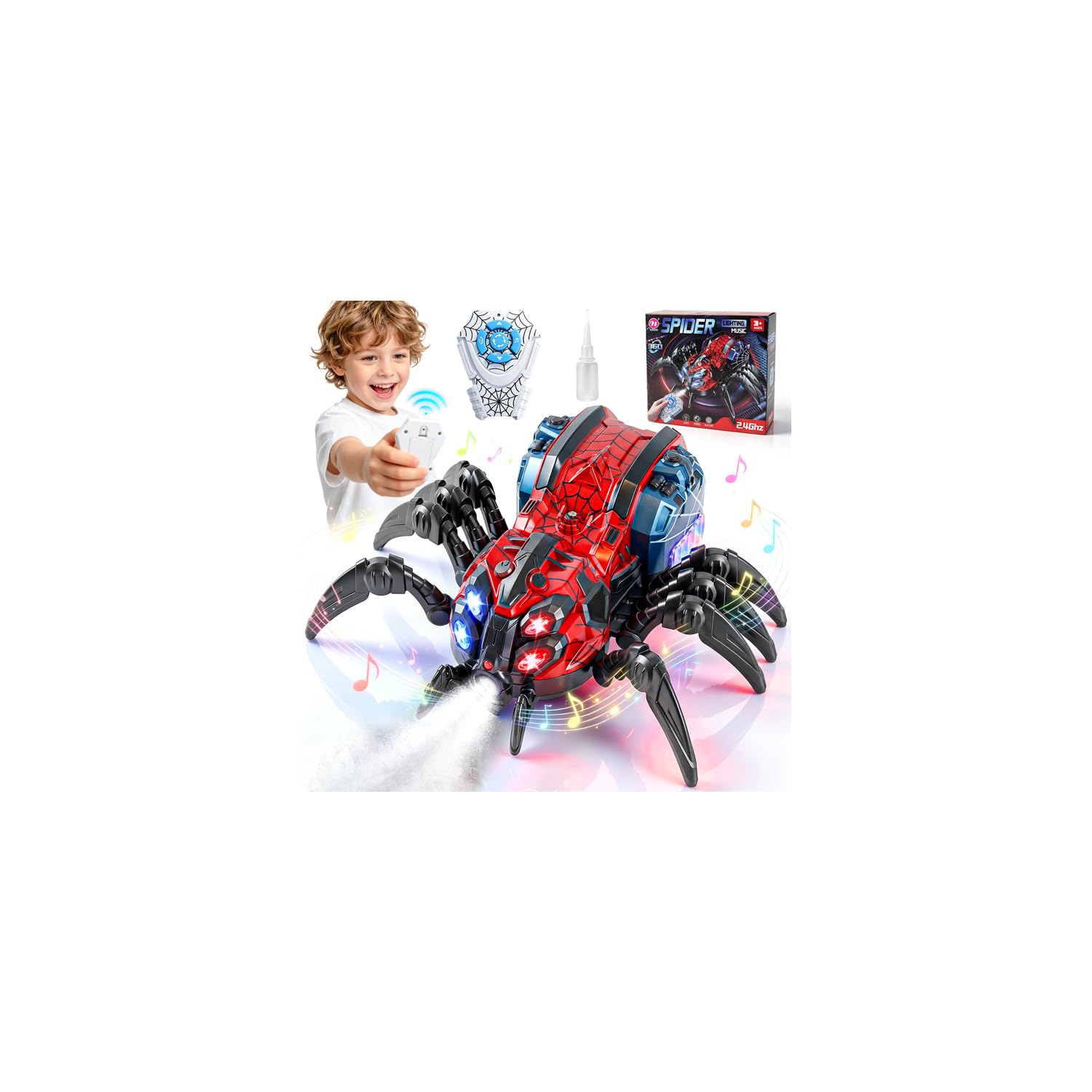 FOTSHARER Remote Control Spider Toy, Robot Spider Remote Controller with Mist Spray, Lights,Music & Demo, 360° Rotating, RC Realistic Spider Toys for Kids Age 4-12, Boys Girls Birthday Present