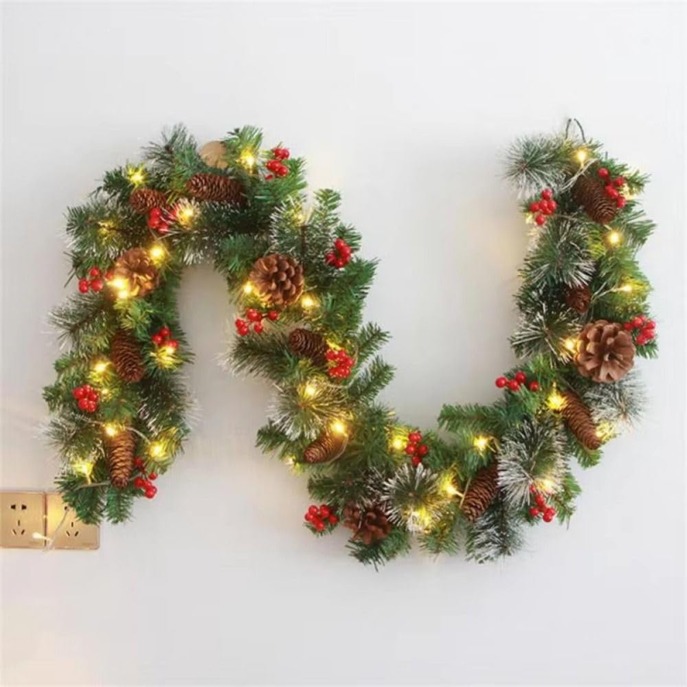 Guirlande de Noël avec pommes de pin et baies, pour cheminée, escalier, porte, fenêtre, décorations de Noël (1,8 m)