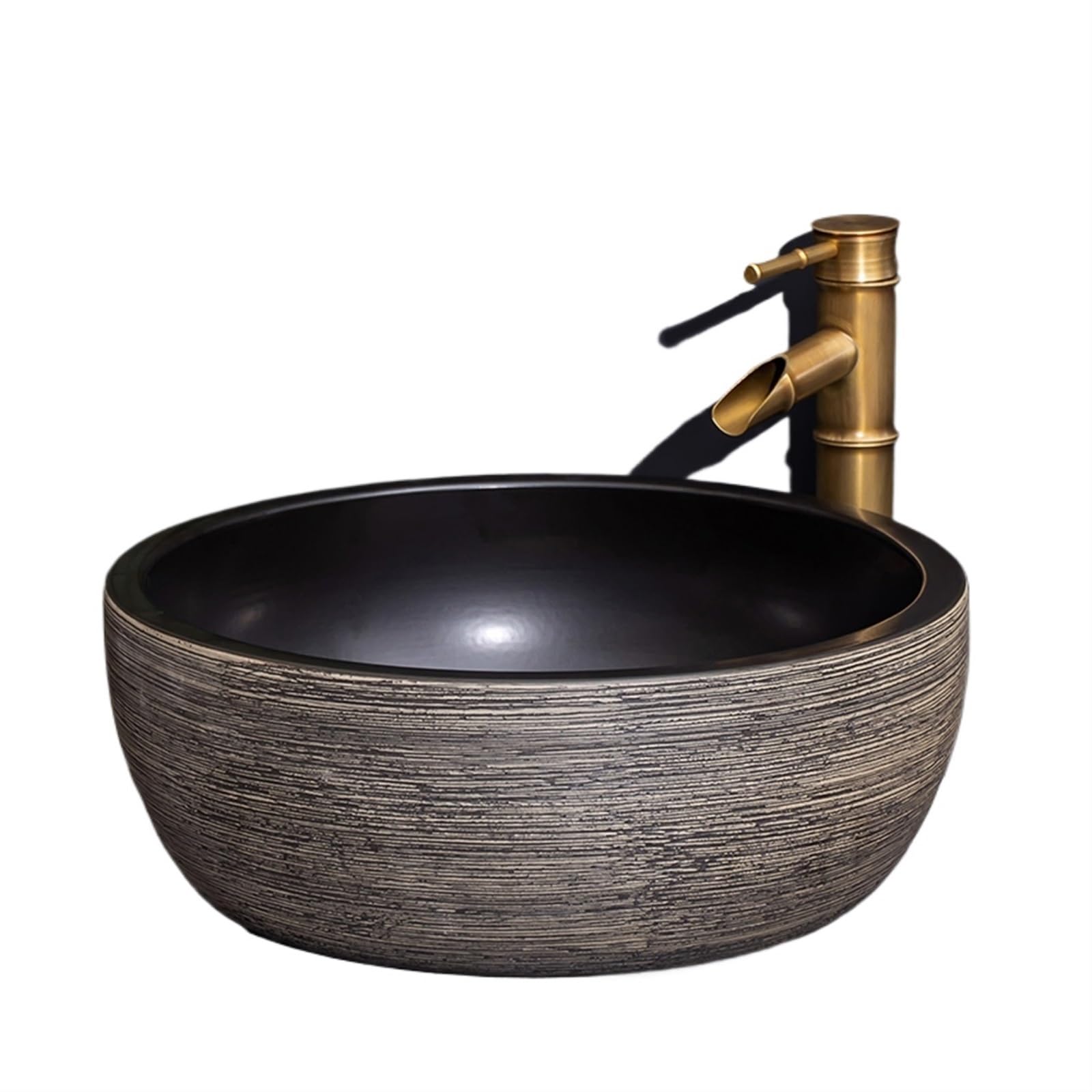 TIANQIHAO Round Vessel Sink, Porcelain Lavatory Vanity Sink, Above Counter Ceramic Basin With Line Texture For Bathroom