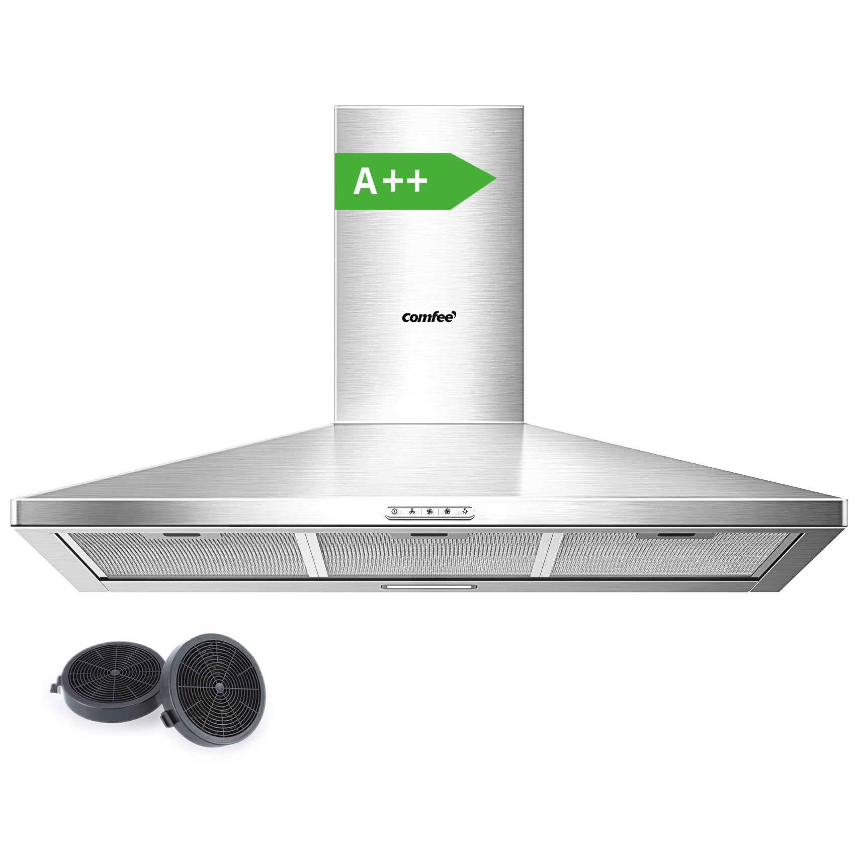 COMFEE' 90 cm Chimney Cooker Hood Class A++ Extractor Hood with LED and Recirculating & Ducting System Wall Mounted Range Hood 900 mm Extractor Fan kitchen with Carbon Filters