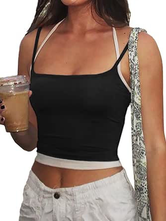 Women Y2K Cami Crop Tops Mini Tie-Up Bow Front Spaghetti Strap Camisole Tank Top Summer Vest Outwear (Blue, S) At Women's Clothing Store