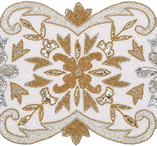 Hand Beaded Decorative Farmhouse Glitz Table Runner For Tabletop, Wedding, Thanksgivin, Christmas Party Decorations -A Beautiful Complement To Your Dinner Table Décor- 13X36 Inch - Silver Gold Ivory #TOP5