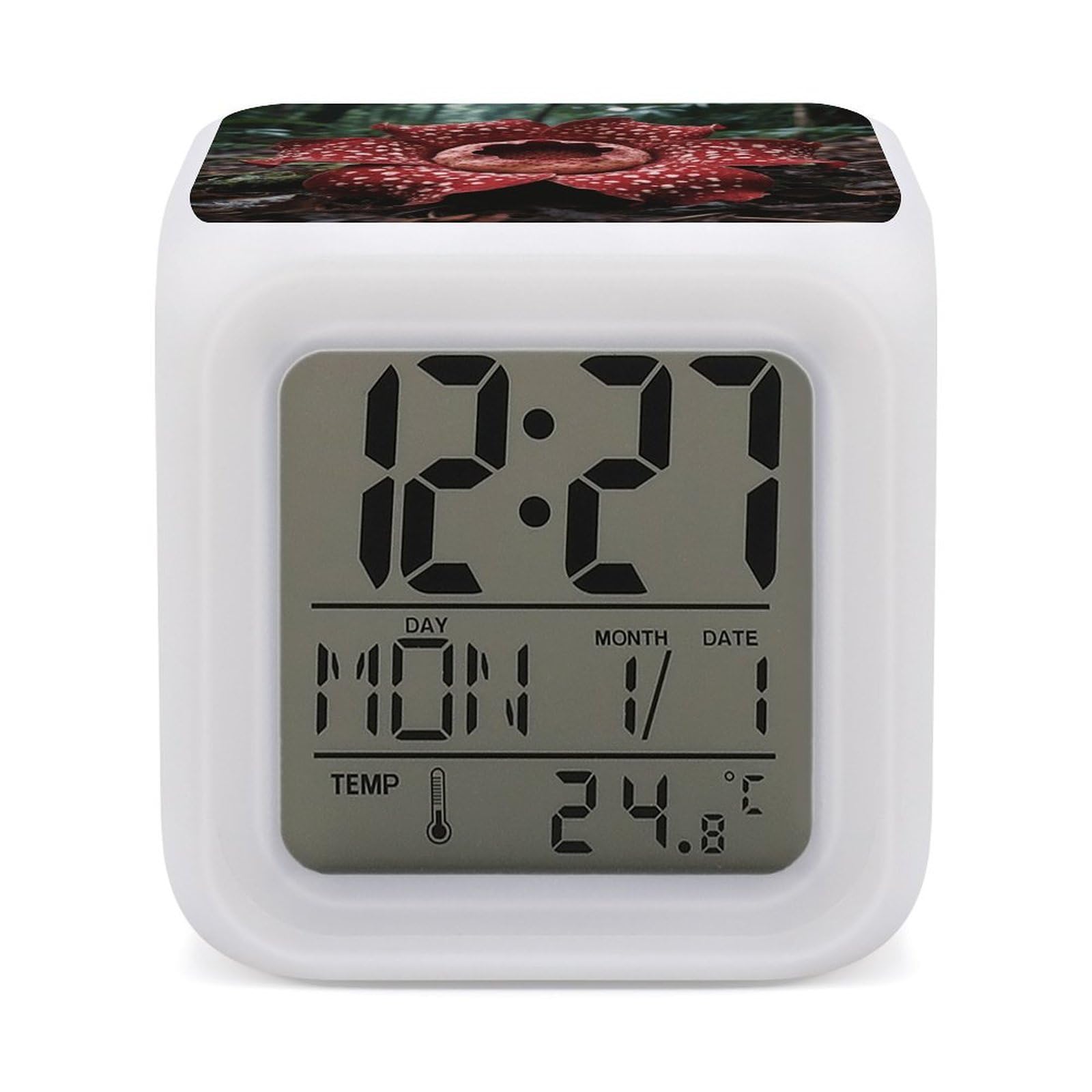 7 Color Ambient Night Light Cube Battery Operated Rafflesia Flower Digital Clock with Snooze Temperature LED Digital Alarm Clocks Dimmable Wake Up Light Portable Mood Lamp for Bedroom Desk Gift