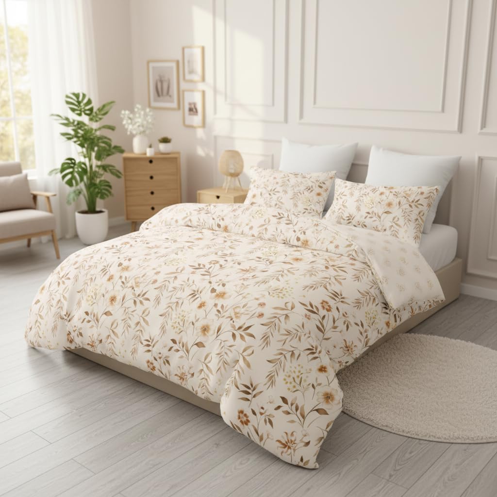 Sedefen Floral Duvet Cover Queen 3 Pcs Beige Flower Botanical Bedding Set for Girls Spring Romantic Garden Style Soft Microfiber Duvet Cover Set with Zipper Closure and 2 Pillowcases