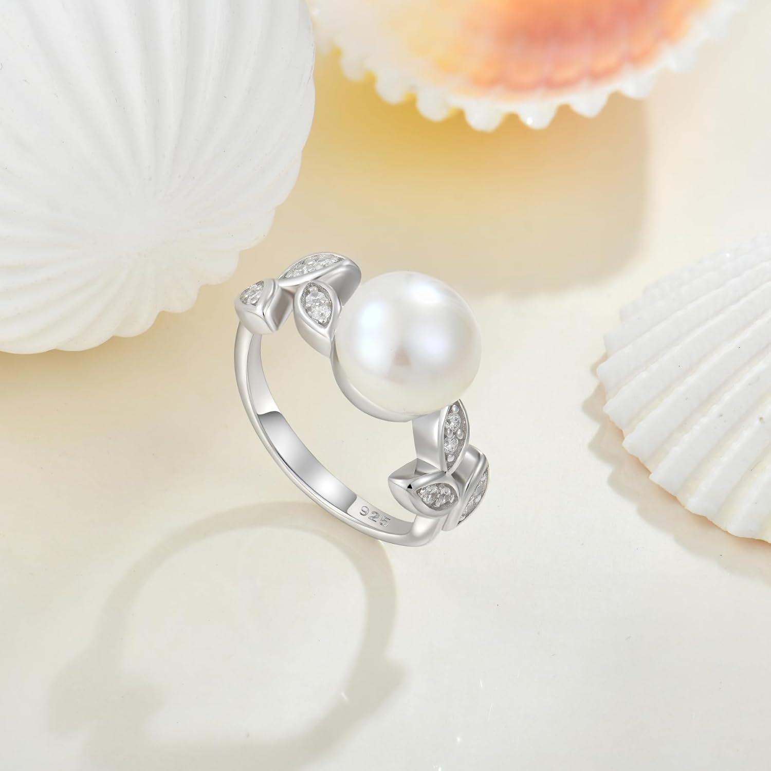 Women Pearl Ring,925 Sterling Silver Cubic Zirconia Leaf Ring with 10MM Cultured Freshwater Pearl for Women Wedding promise rings for her Size 6 - Image 3