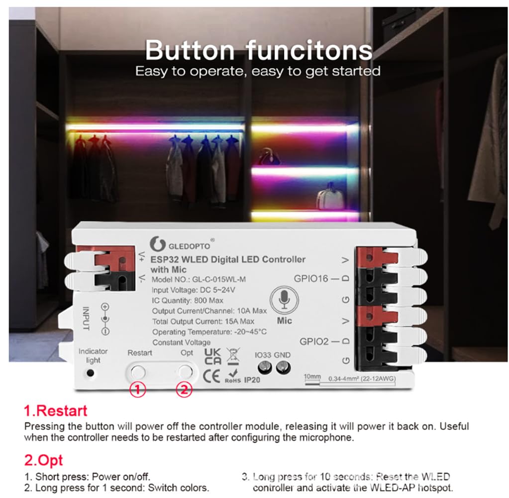 WLED - Controlador de tira LED inteligente con micrófono DC5-24V, compatible con control remoto, aplicación WLED, sincronización con Alexa, Home Assistant, Hubitat para WS2811 2812B 2813 2814 2815