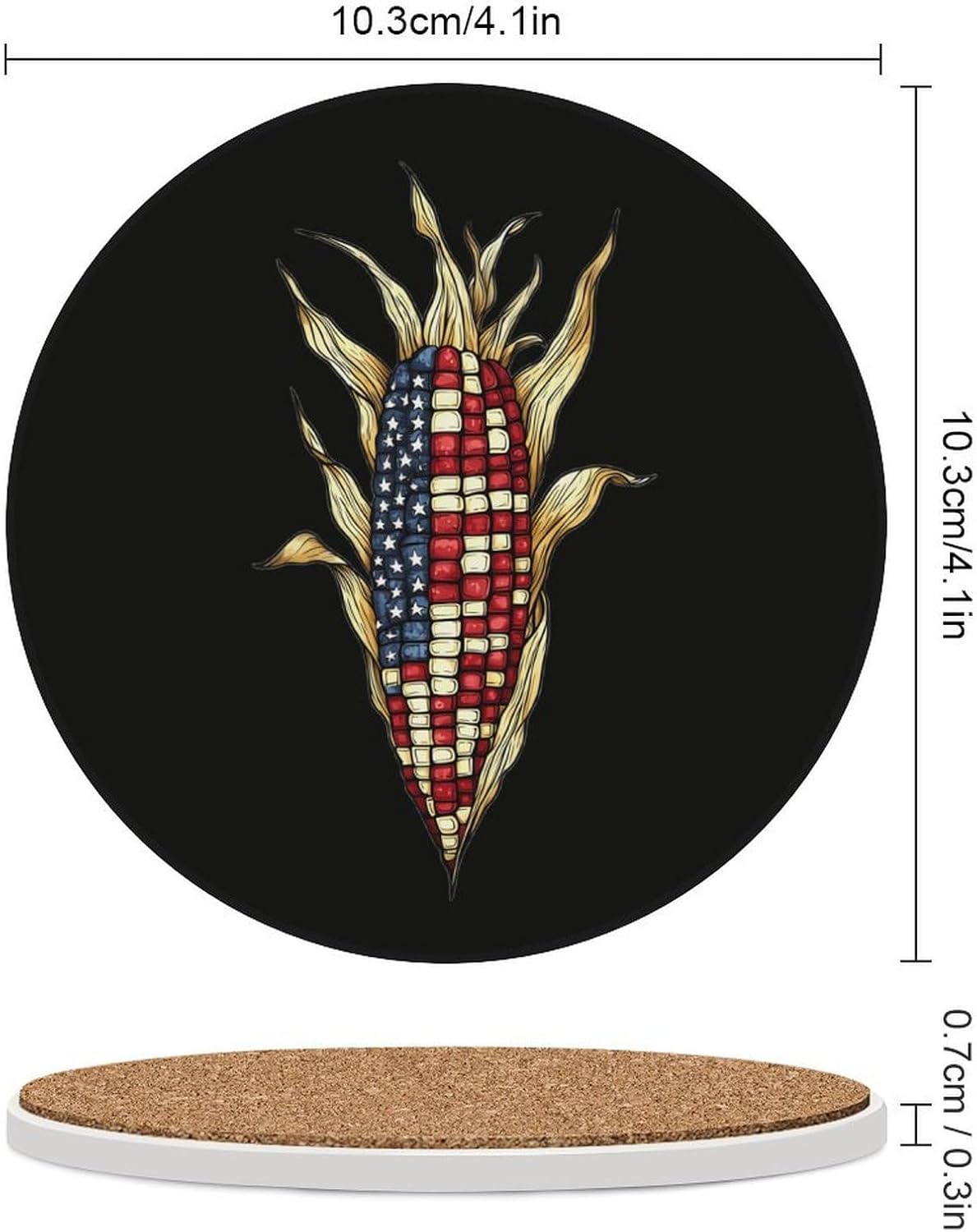Corn U.S. Flag Pattern Round Ceramic Coasters Print Drinks Absorbent with Cork Base for Home Decor Gifts 4 Inch