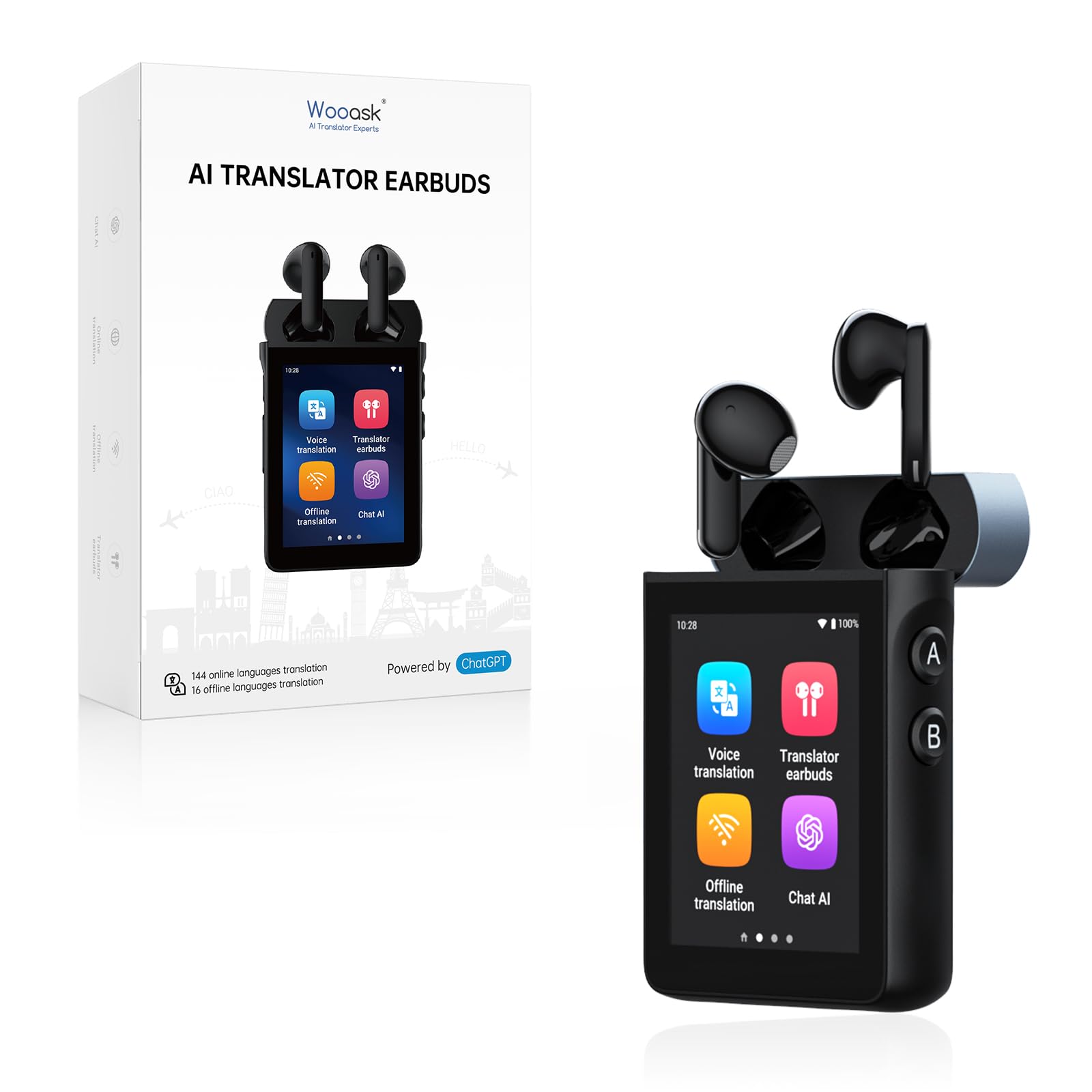 Photo 1 of Wooask A9S AI Translation Earbuds Real Time with Camera, OfflineTranslation Headphones No APP Needed, ChatGPT-Powered, Audifonos Traductores Inglés Español for Global Business Trave (Black)