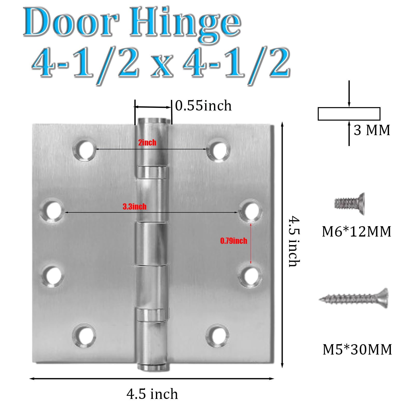 Paquete de 3 bisagras de puerta comerciales resistentes de 4.5 x 4.5 pulgadas, grosor de acero inoxidable de 3 mm, bisagra de puerta de rodamiento de bolas de acero silencioso con esquinas cuadradas