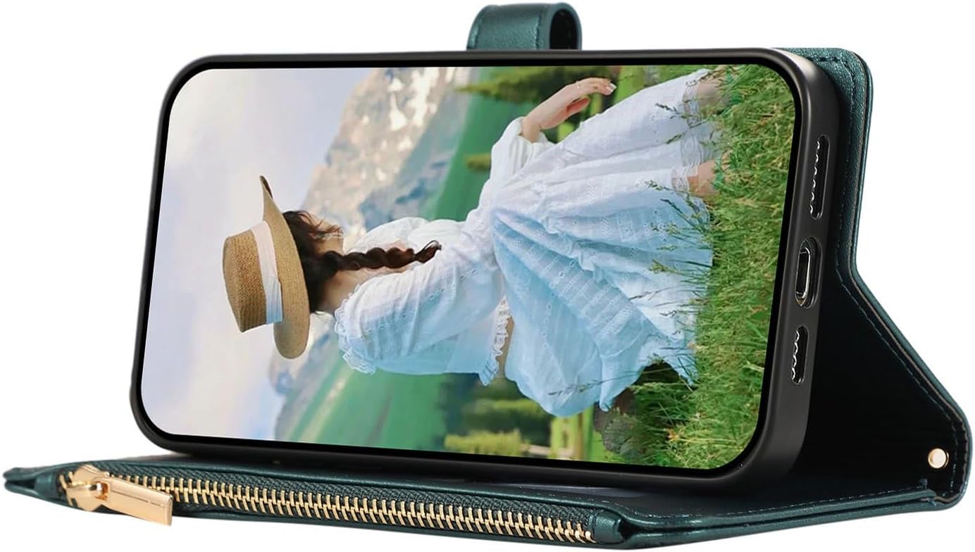 Crossbody Wallet Case for Xiaomi 17 with Card Holder, Soft PU Leather Magnetic Snap Flip Zipper Strap Phone Cover - Green