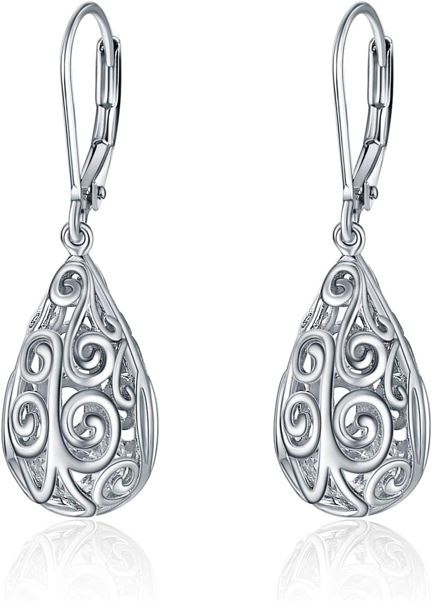 POPLYKE Teardrop/Hummingbird/Cat/Lotus/Bee/Moon/Cross Earrings for Women Sterling Silver Cage Filigree Dangle Drop Earrings