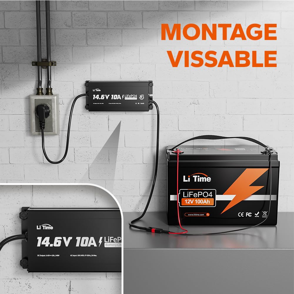 LiTime 14.6V 10A Chargeur LiFePO4 étanche IP67, Chargeur AC-DC au Lithium LiFePO4 avec Fonction de Charge Intelligente à 0V, indicateur LED