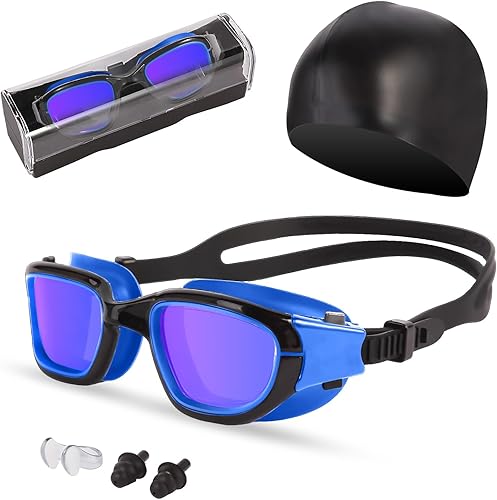 Gafas de natación, gafas para adultos con gorro de natación, clip de nariz y tapones para los oídos, protección UV, lente antivaho y funda, para