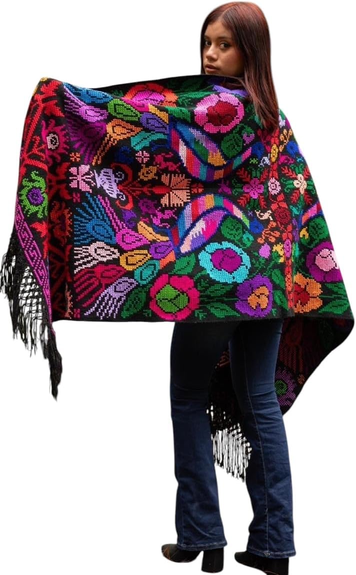 La Santa Art Mx Rebozo Mexicana Bordada. Rebozo Mexicano Tradicional. Rebozo Grande Floral. Bordado a Mano en Punto de Cruz. Rebozo Largo. Rebozo Elegante.