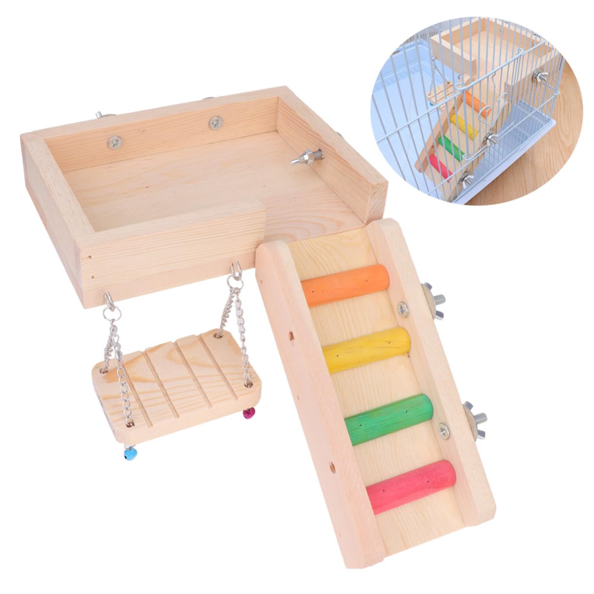 HANABASS Set de 3 Jouets pour Oiseaux en Bois Balançoire, Échelle et Jouet à Mâcher pour Perroquets et Petits Oiseaux, pour Explorer et Développer L'équilibre