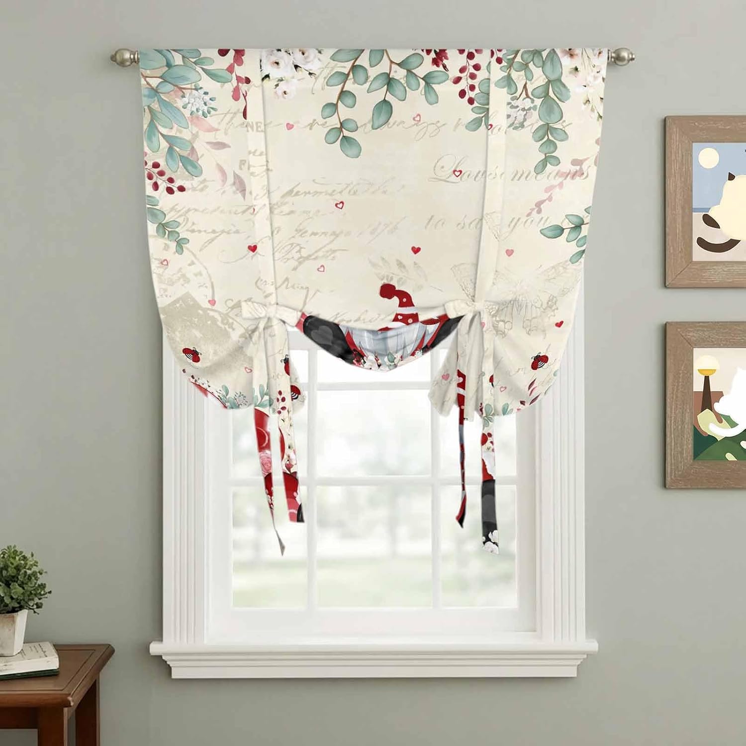 Valentines Tie Up Curtains for Window, Pink Red Love Heart Gnomes Eucalyptus Rustic Thermal Insulated Balloon Shade Adjustable Rod Pocket Curtains Valance Panels for Kitchen Bathroom Café 52'' x 45''