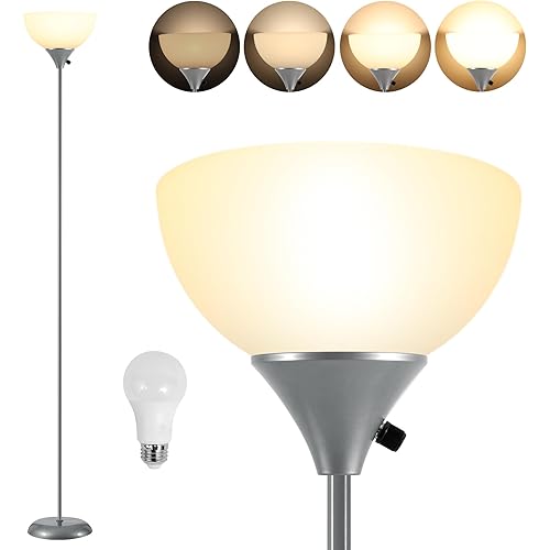 Floor Lamps for Living Room, Dimmable LED Modern Simple Standing Lamp, Tall Lamps for Bedroom Office Dining Room Kitchen, Minimalist Black Pole Lamp with Rotary Switch, 9W LED Bulb Included, Grey