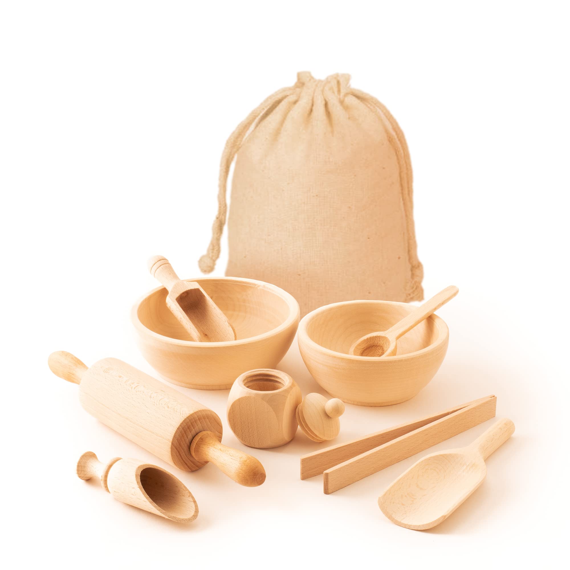 Mr. Woodware Sensory Bin Tools Montessori Toys for 1-3 Year Old Toddlers Set of 9 Wooden Spoons, Scoops, Bowls, Tongs, Cubes for Fine Motor Skills Development + Free Cotton Bag Included