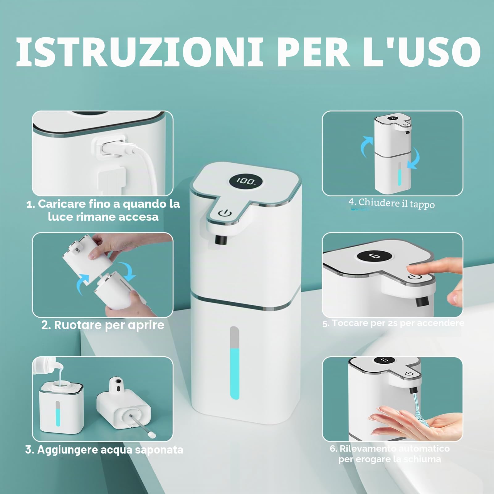 400ML Dispenser Sapone Automatico con Sensore con 2 ganci e cavo USB, 6 Livelli Regolabili Dispenser Sapone Bagno a Muro Bianco, IPX5 Impermeabile per Cucine, Bagno, Hotel, Ufficio, Servizi Iigienici