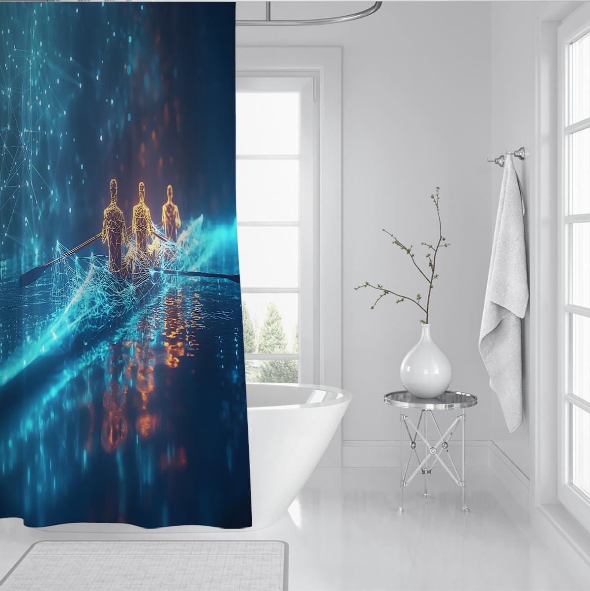 Zukunftstechnologie-Thema Duschvorhänge Bootsfiguren Silhouetten Sternenhimmel Licht- und Schattenlinien Duschvorhang für Badezimmerdekoration 180 x 200 cm
