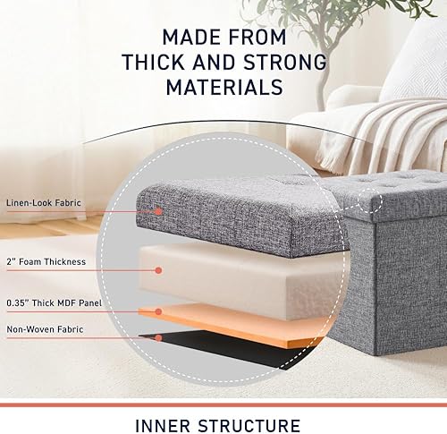 Miniatura 108 de Ornavo Home Otomana plegable de almacenamiento de 15 pulgadas, taburete cuadrado pequeño de almacenamiento, banco de dormitorio, color beige