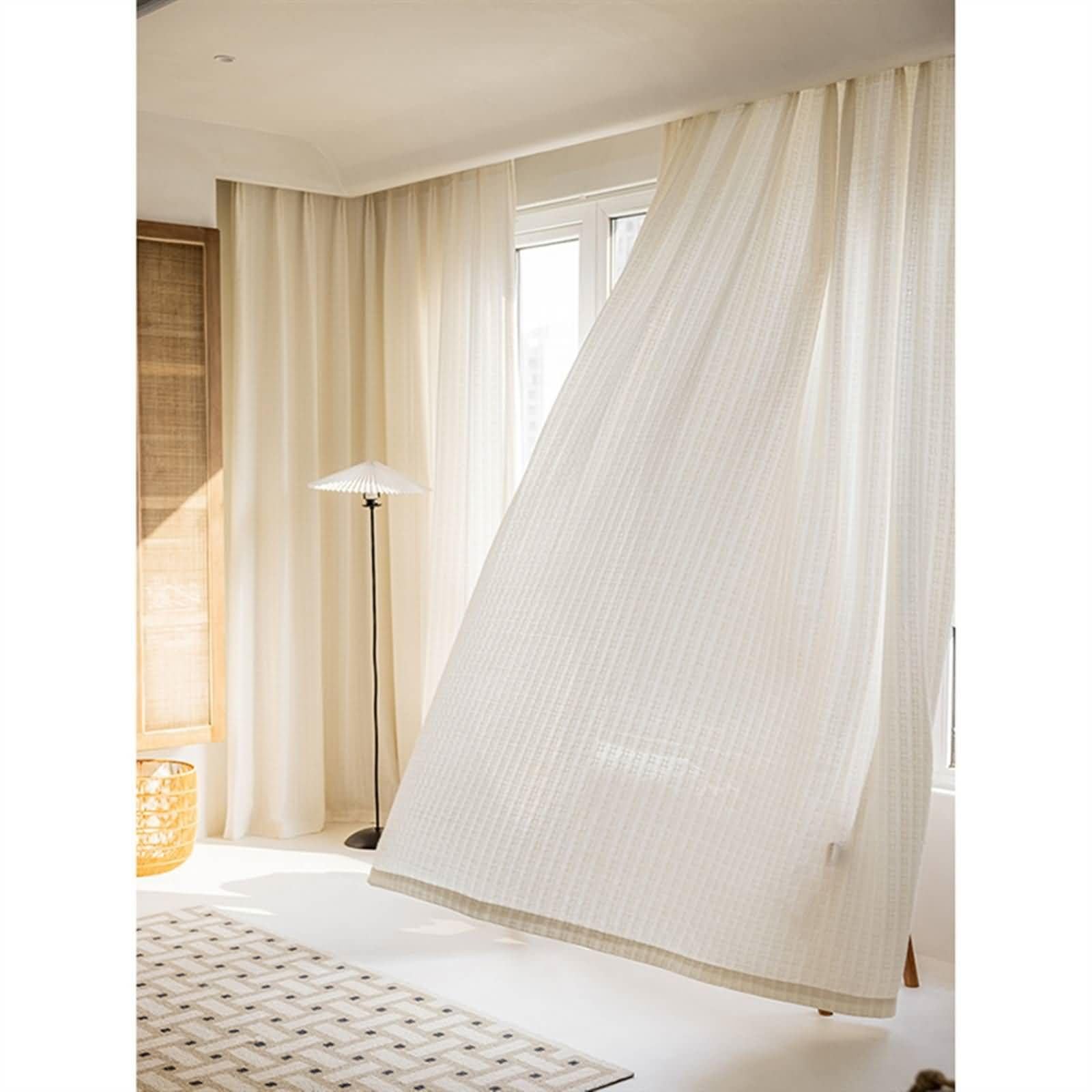 Rideau de salon en gaze de coton blanc beige gaufré KnSam 2 pièces 86x214cm
