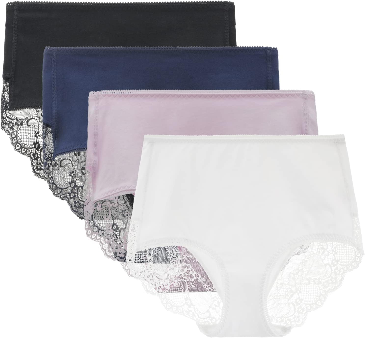 LIQQY Women's 3 or 4 Pack Comfort Cotton Lace Coverage Full Rise Briefs Knicker Underwear XL Black/Navy/Purple/White
