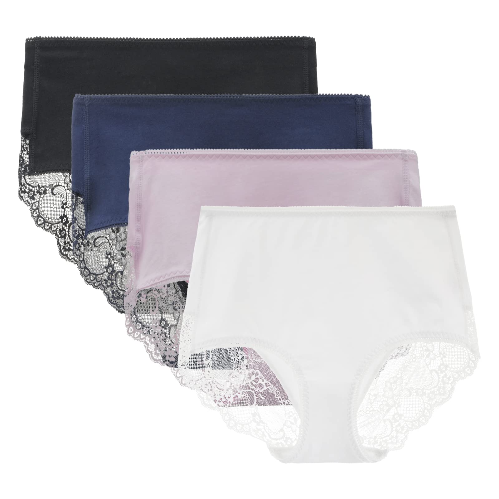 LIQQY Women's 3 or 4 Pack Comfort Cotton Lace Coverage Full Rise Briefs Knicker Underwear L Black/Navy/Purple/White