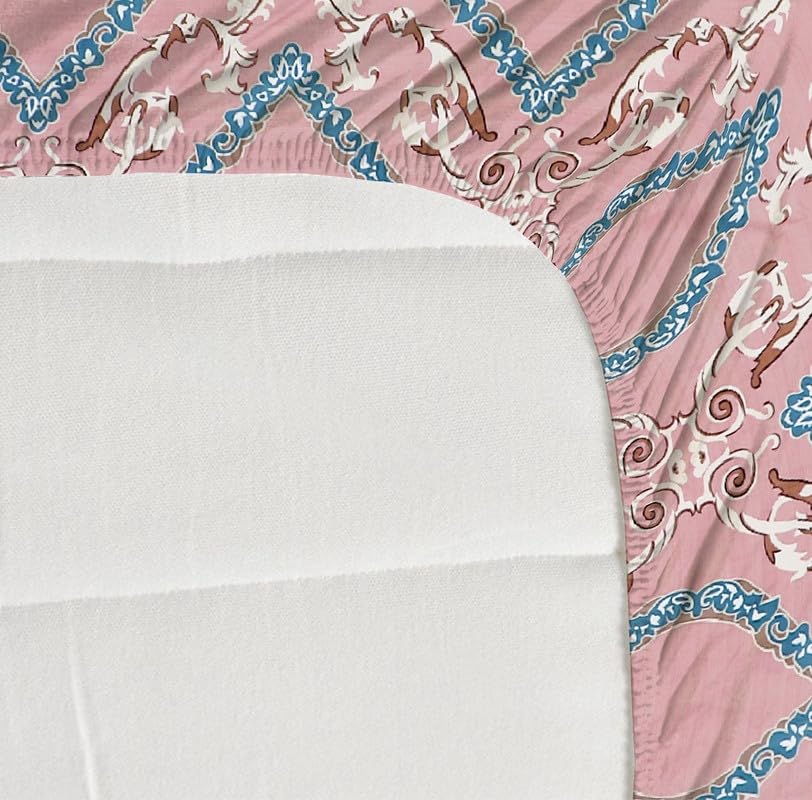 Image of NHD HOME Premium Cotton Floral Elastic Fitted Bedsheets With 2 King Size Pillow Covers Double Bed With All Around Elastic Supersoft Size-72 X 78 +10 Inches Tradional Pattren Pink&Blue 200 Tc-220 Tc