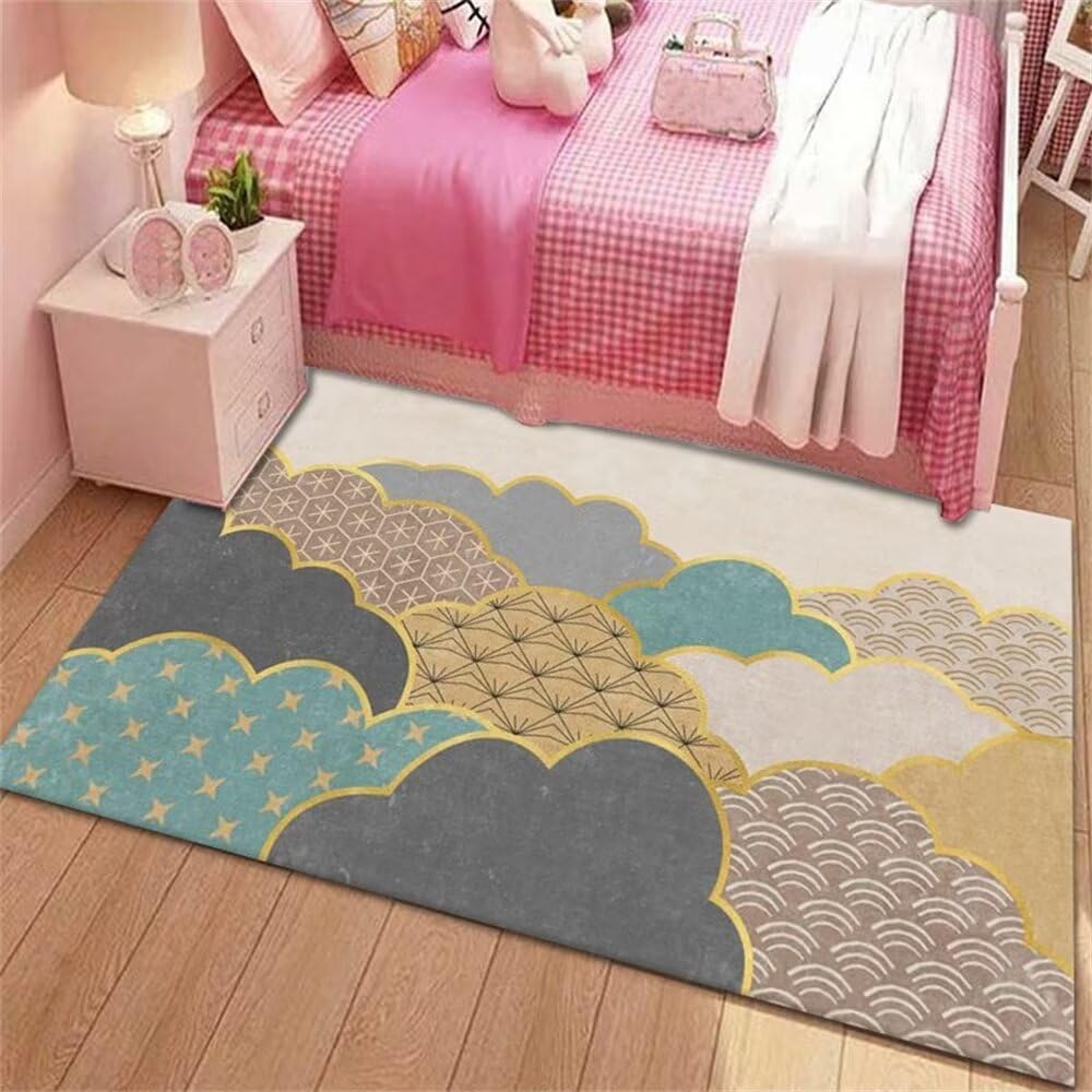 Tapis enfant fille motif nuage bleu 60x90cm pour chambre cocooning