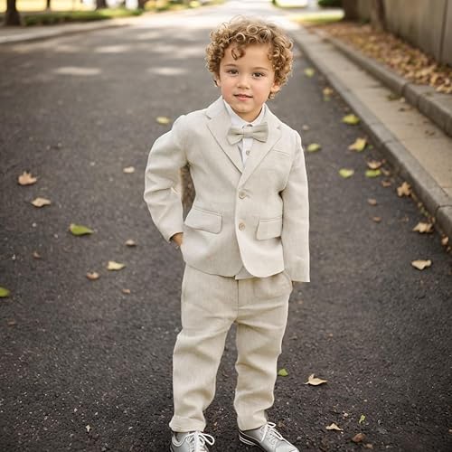 Miniatura 4 de Traje de lino de 2 piezas para niños, ajuste delgado, chaqueta casual y pantalones para verano, playa, boda