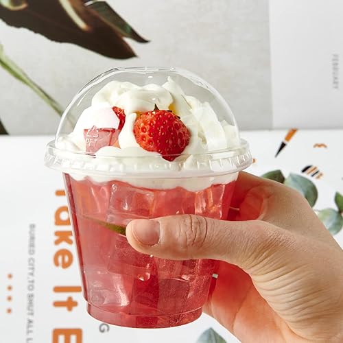 Miniatura 2 de Lilymicky Paquete de 200 vasos de plástico transparente de 9 onzas con tapas de cúpula, tazas de postre transparentes para helado, café con leche,