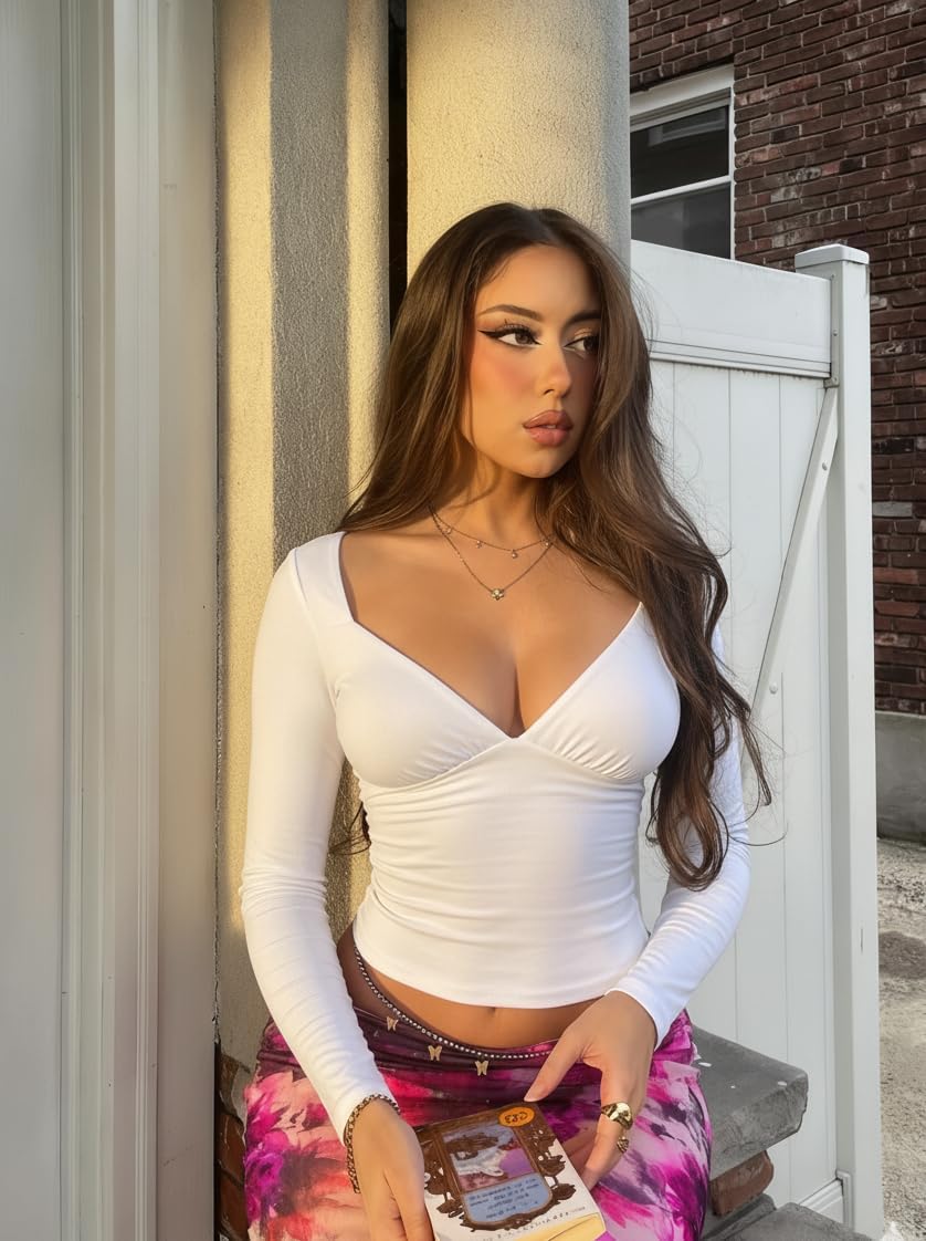 Women's Sexy Deep V Neck Long Sleeve Double Lined Ruched Tops Slim Fitted Going Out Tshirts - Image 2