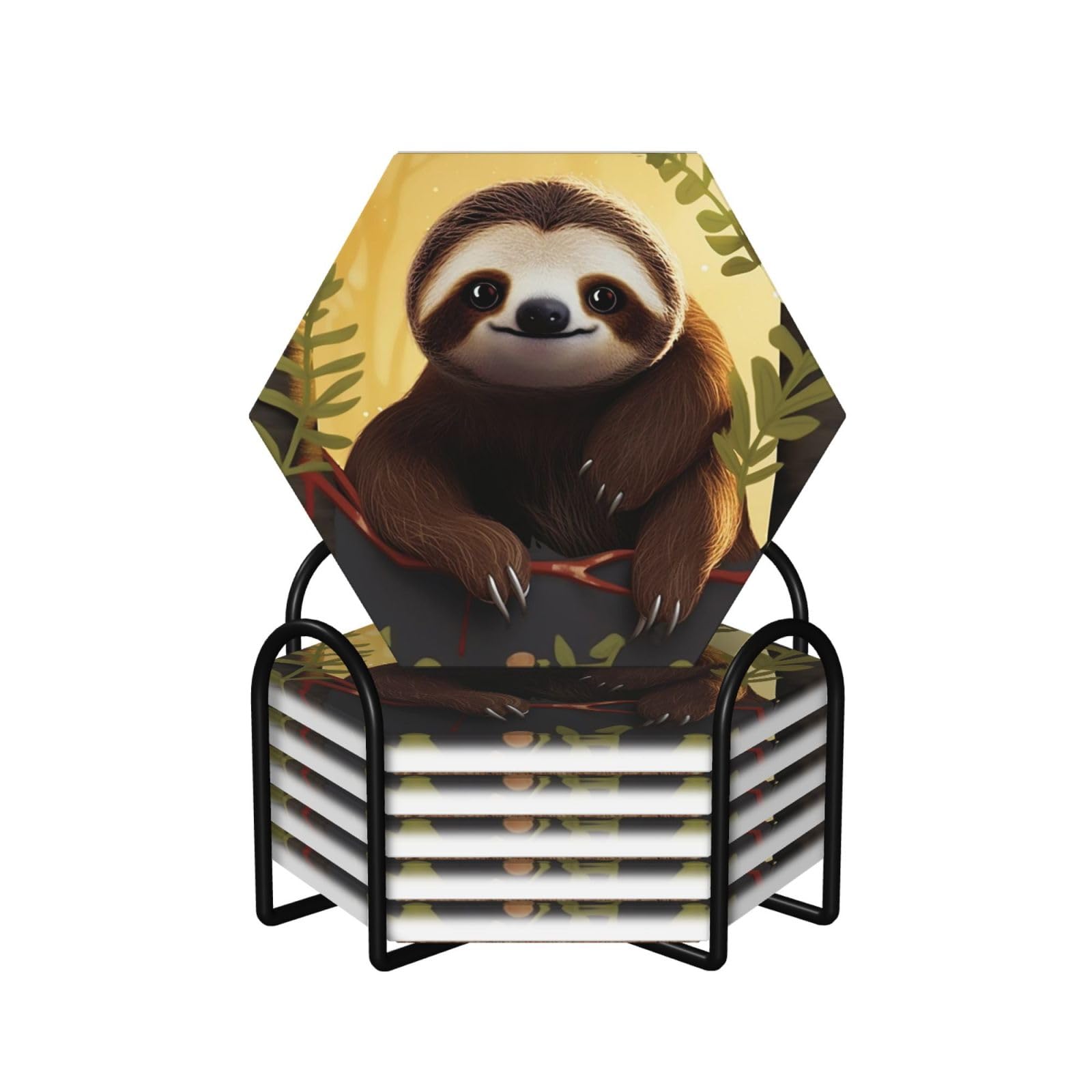 Drink Coasters Set of 6 Non-Slip Ceramic Coasters with Holder Funny sloth Coasters for Drinks Tabletop Protection Cups Mugs Mat Pads for Coffee Table Bar Home Decor
