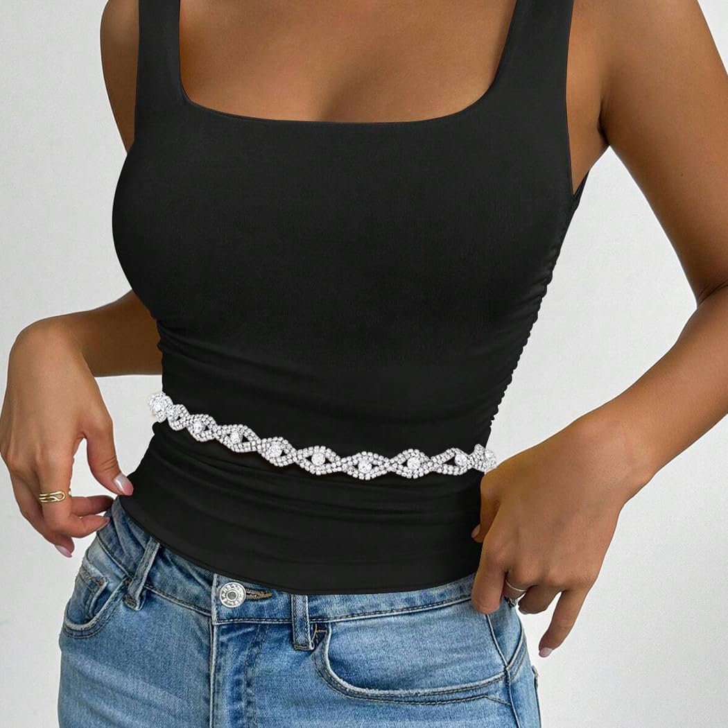 Abien Rhinestone Belts for Women Silver Chain Belt Crystal Waist Belt Sparkle Thin Belts for Dresses - Image 4