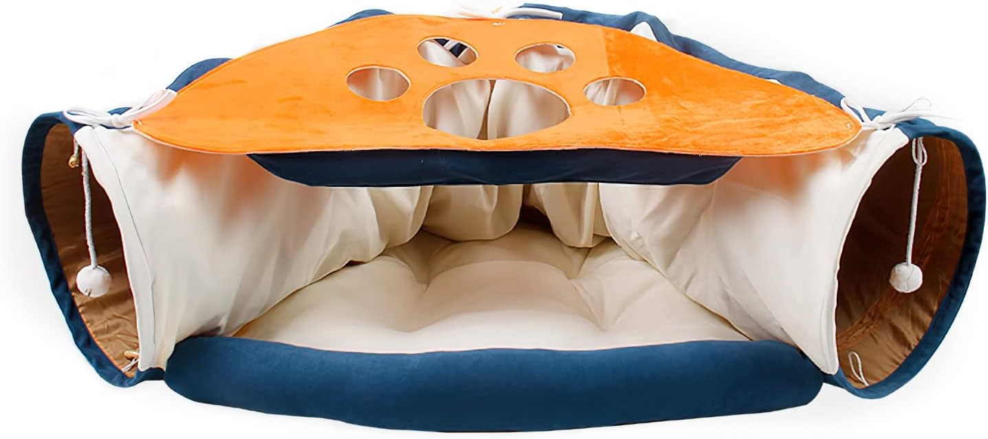 Cat Tunnel, Foldable and Washable Pet Bed with Tunnel and 2 Hanging Scratching Balls, Cat Tunnel Bed with Cushion Mat, Cat Tunnel Toy Play Center(Blue)