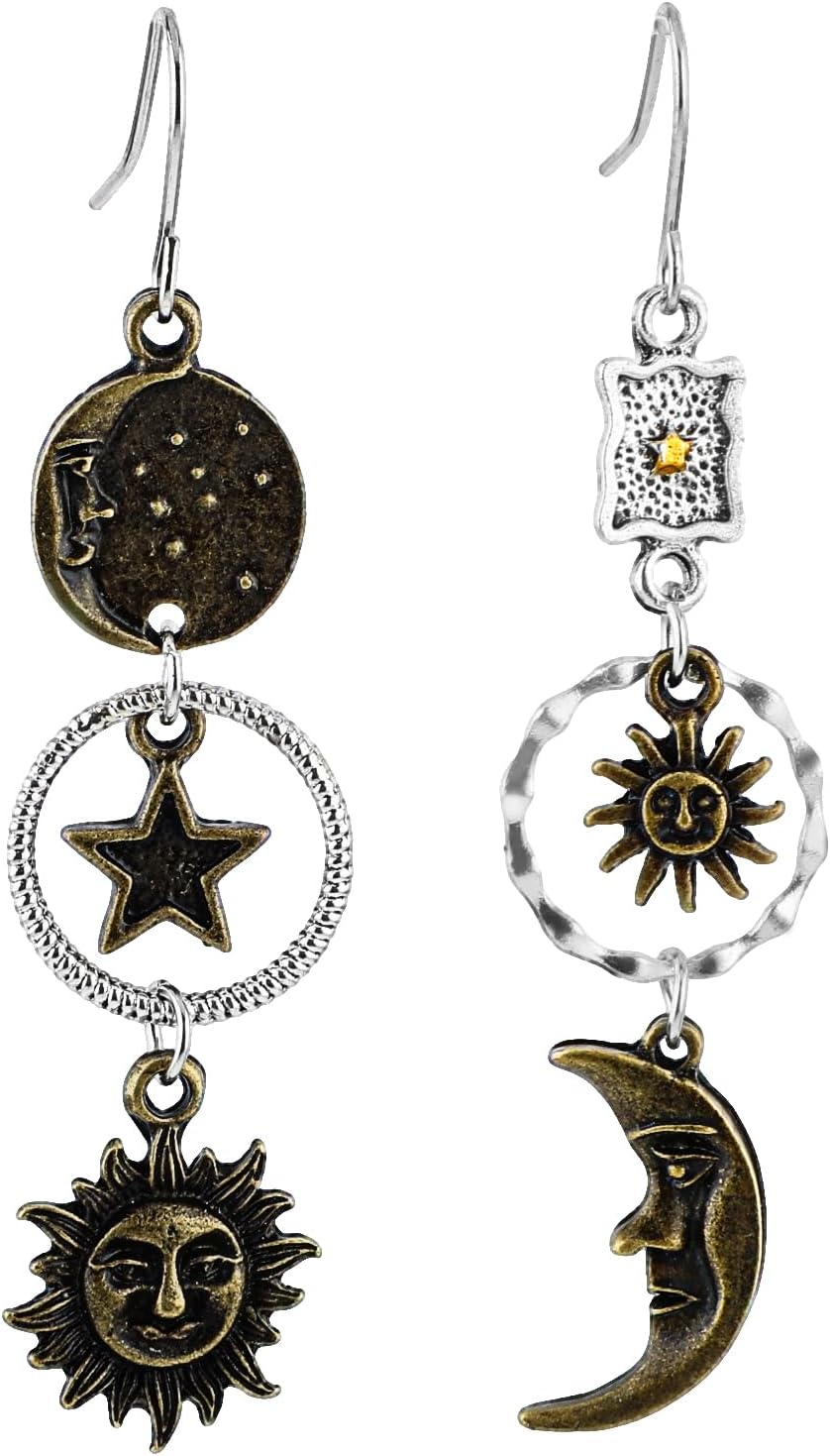 Sun Moon Star Dangle Earrings Bronze Gothic Star Earrings Asymmetrical Sun Moon Face Dangle Earrings for Women Vintage Statement Earrings for Masquerade Cosplay Party Jewelry